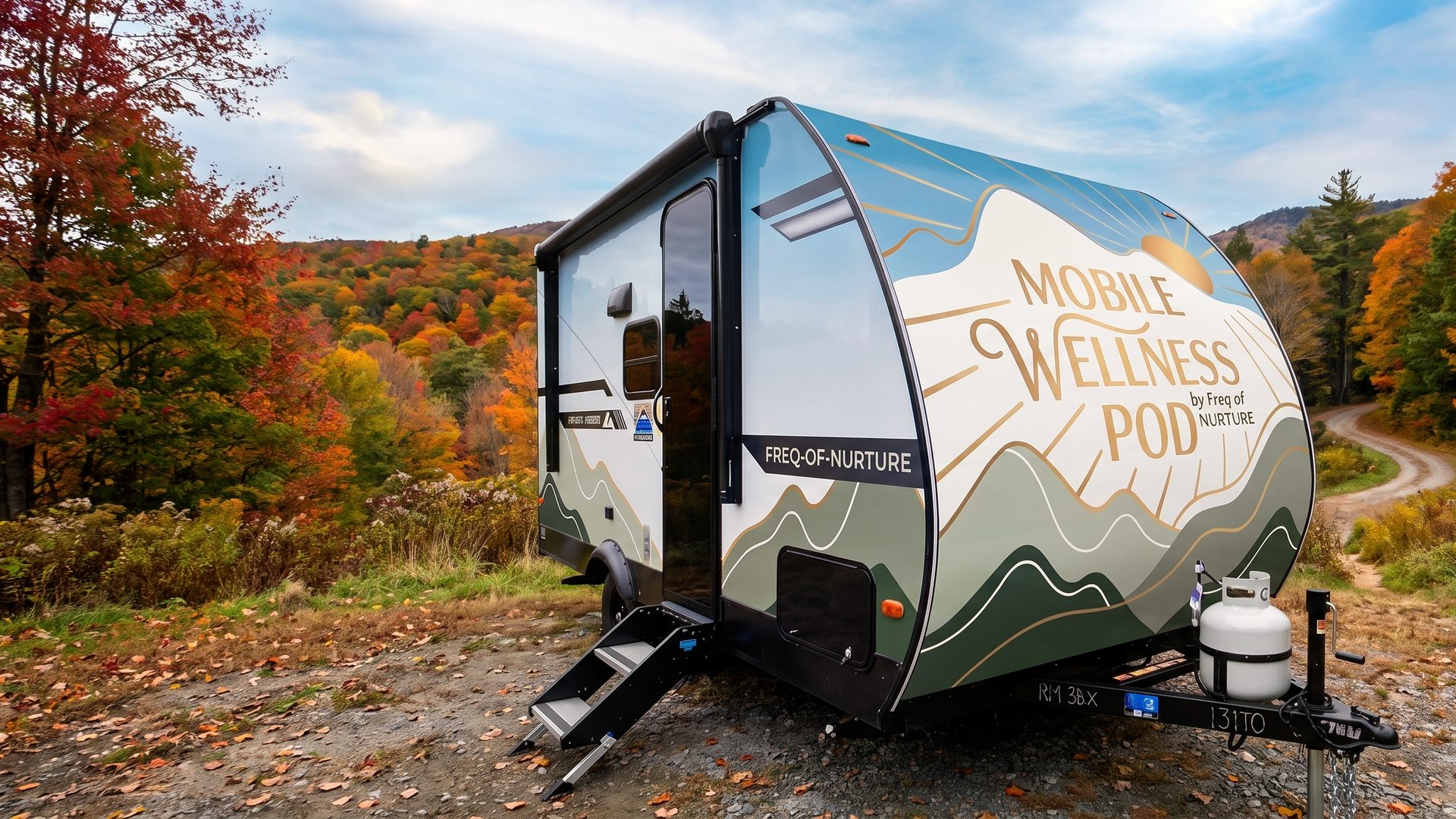 The Mobile Wellness Pod parked on a gravel road among autumn mountains in Western North Carolina.